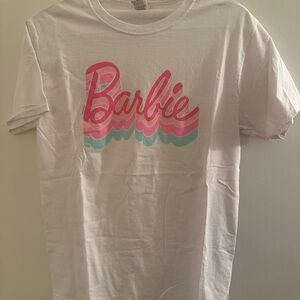 Fruit of the Loom White Tee with Pink & Teal Barbie Logo